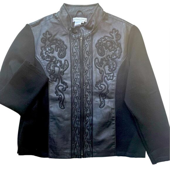 Y2K Boho Moto Leather Stretch Knit Embroidered Zip Jacket Womens Size MP Femme - Picture 1 of 7